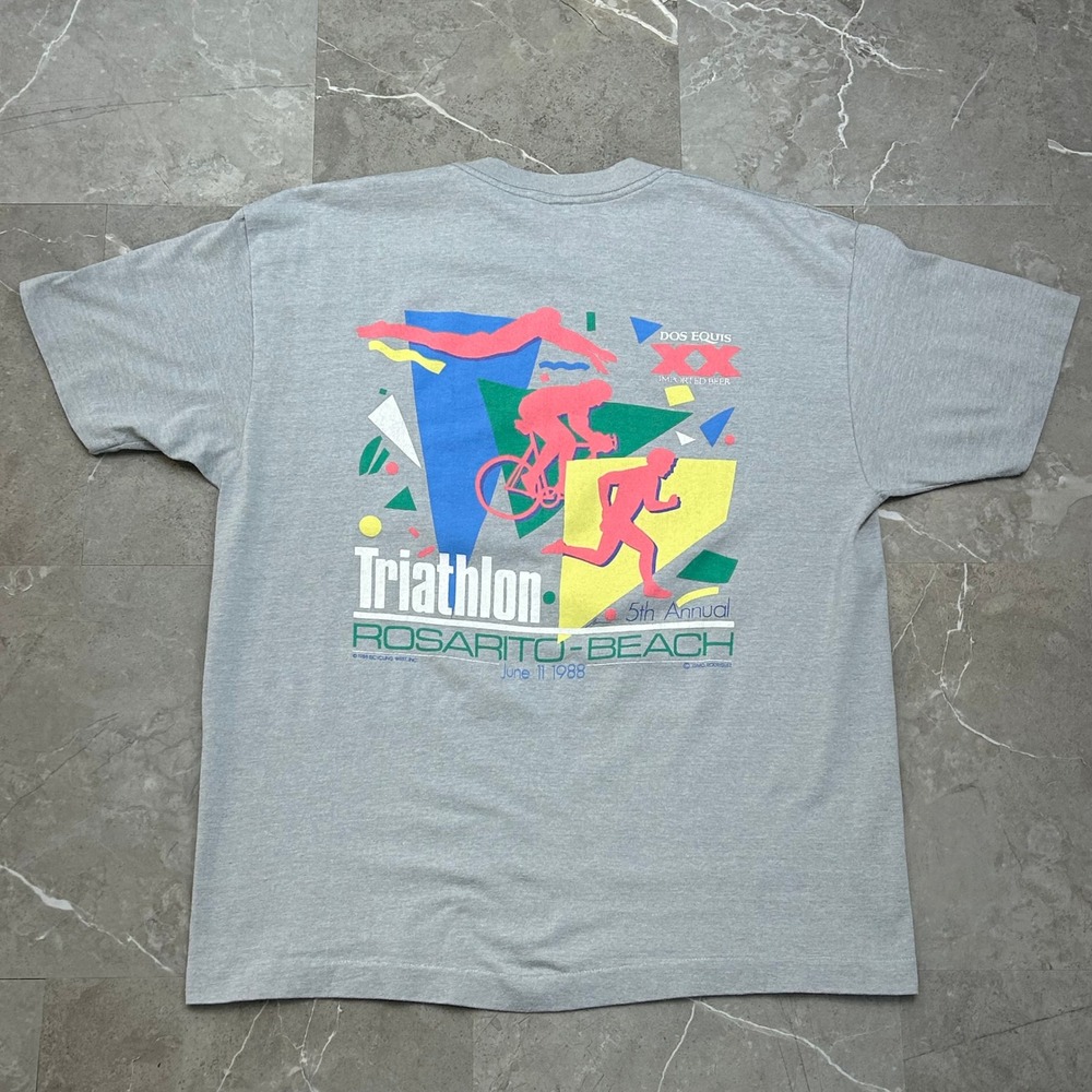 80s Vintage Mexico Triathlon Graphic Tee Mens XL Rosarito Beach Marathon Surf